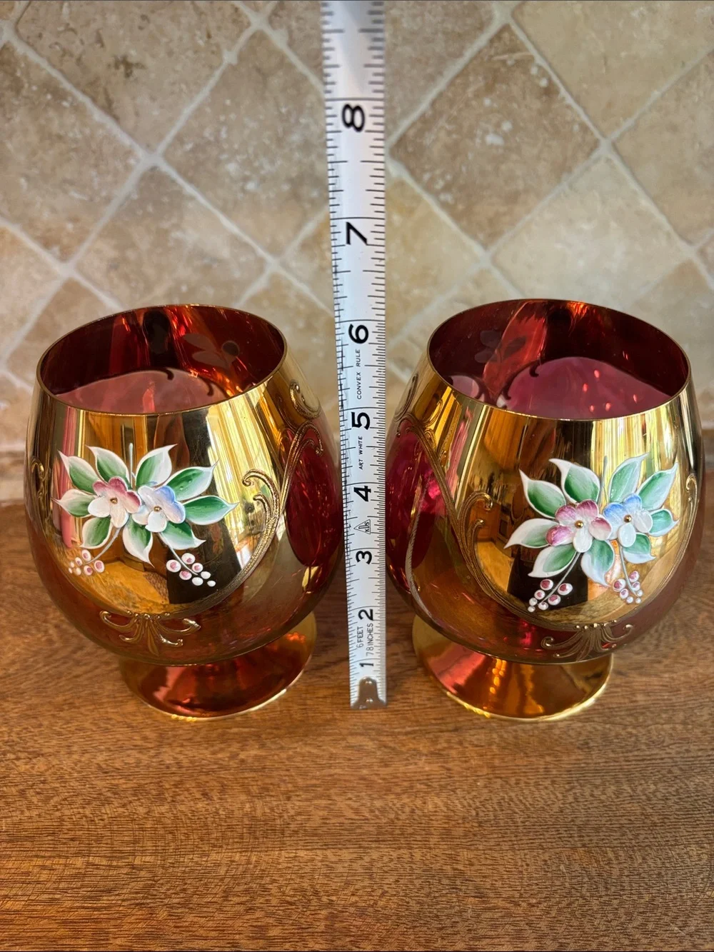 Vintage Bohemian/Czech Hand-Painted Floral Brandy Glasses - Set of 2